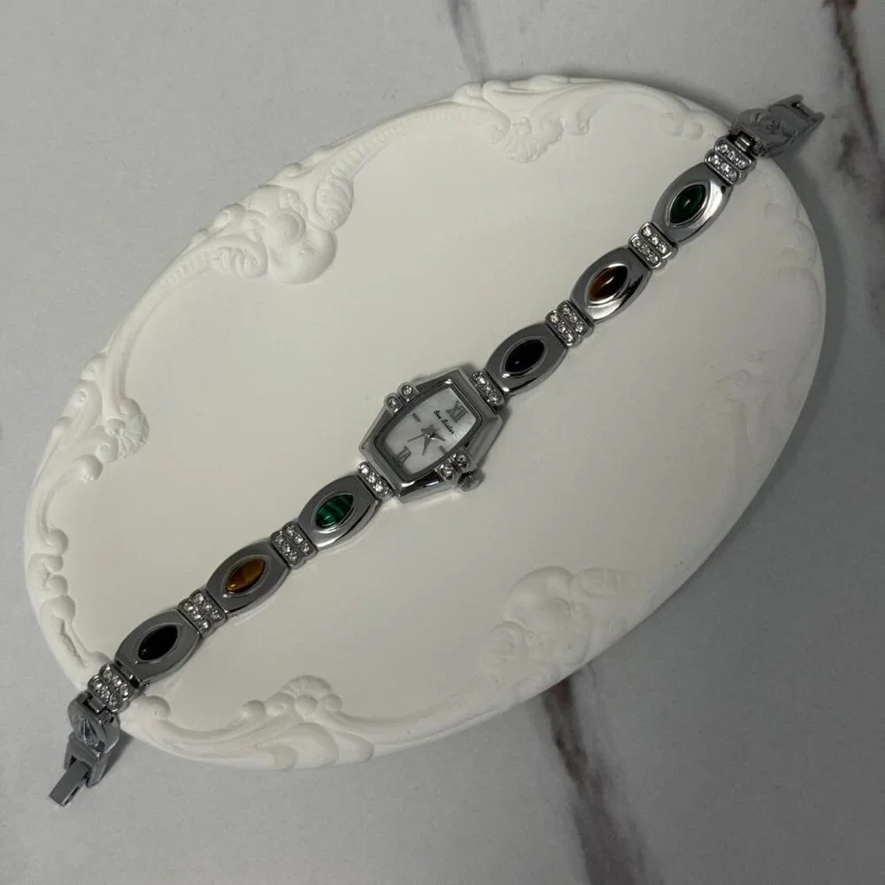 Sku0320‎ Casual Women Silver/Multicoloured Gemstones Fashion Watch + gift bag